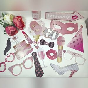 Pink and Gold 60th Birthday Party Photo Booth Props. 18 pcs set 60 years party